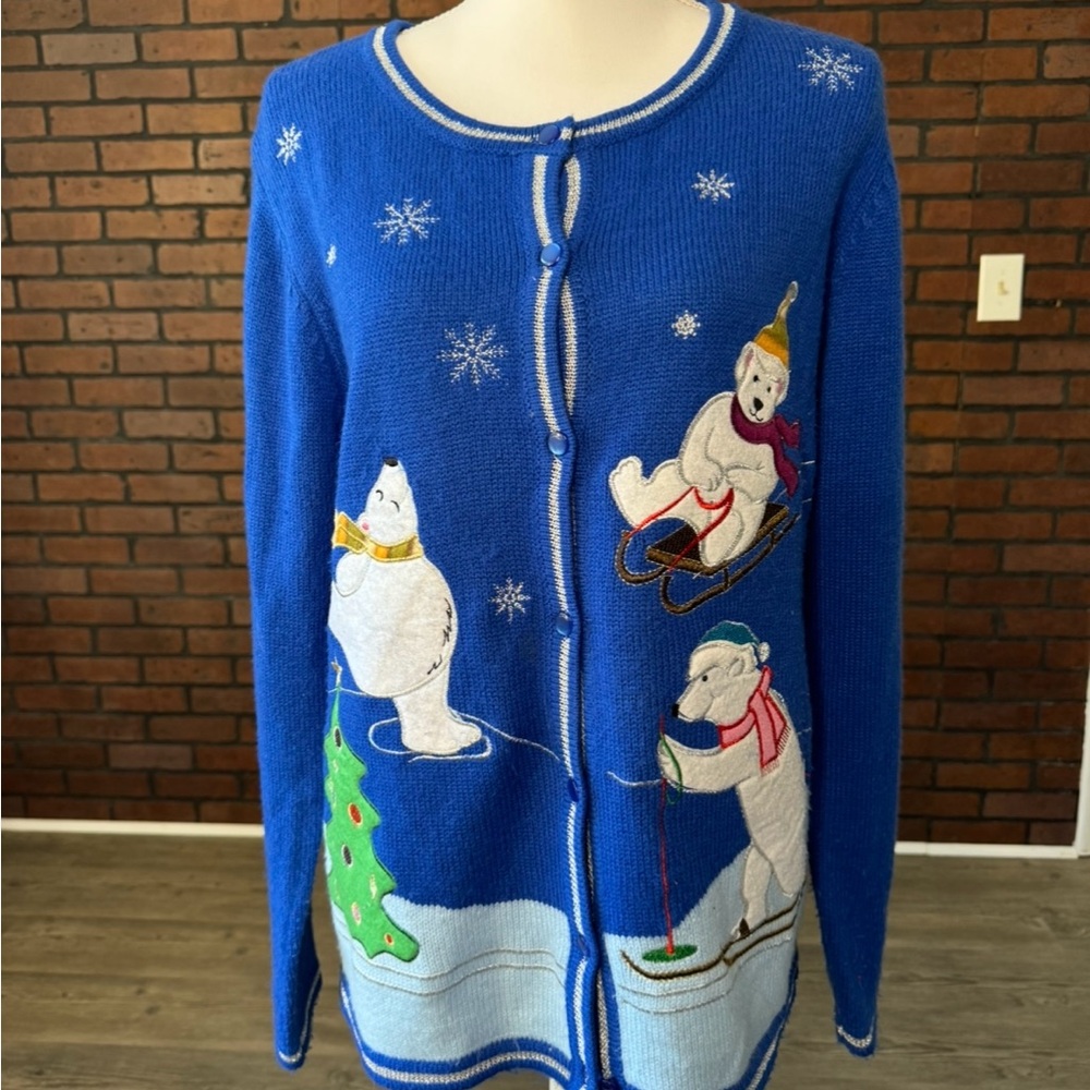 Blue Polar Bear Holiday Cardigan Embroidered Button Front Women’s L 12-14‎